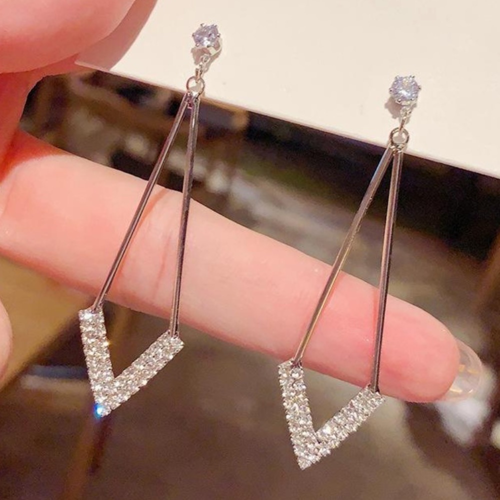 Silver Long Rhombus Crystal Stud Drop Earrings